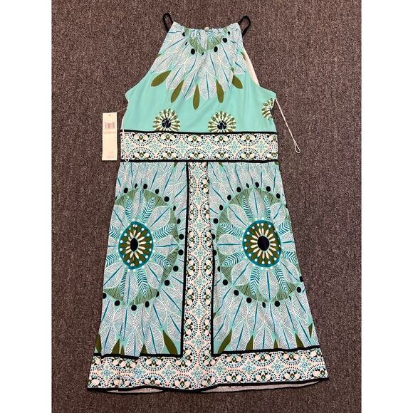 NWT Maggy London Womens Blue Aquamarine Floral Halter Neck Midi Dress Size 12 - Picture 2 of 9